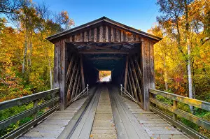 Country Road Prints: Elder's covered bridge in the fall season in Oconee, Georgia, USA