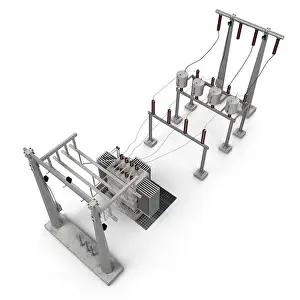 Substation Prints: Electric power equipment in a substation on white background. 3D illustration