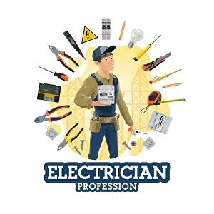 Screwdriver Prints: Electrician profession, man and work tools