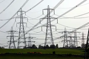 Electricity Pylons over the countryside of Stirlingshire near the town of Falkirk Scotland