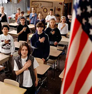 American Flag Prints: Elementary school children recite The Pledge of Allegiance to the American Flag