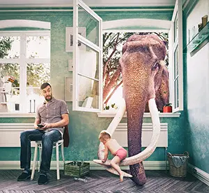 Parquet Prints: Elephant takes the child through a window