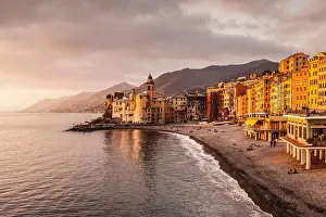 Liguria Prints: Elevated view of beach and hotels, Camogli, Liguria, Italy