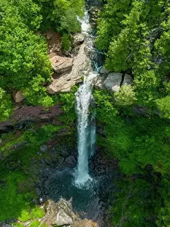 Cascades Prints: Elevated view drone photography of Kaaterskill Falls a two-stage waterfall on Spruce Creek in the eastern Catskill
