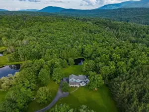Getting Away From It All Prints: Elevated view drone photography of a Vacation Home at Kaaterskill Falls a two-stage waterfall on Spruce Creek