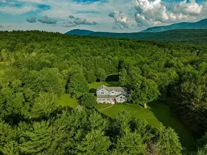 Getting Away From It All Prints: Elevated view drone photography of a Vacation Home at Kaaterskill Falls a two-stage waterfall on Spruce Creek