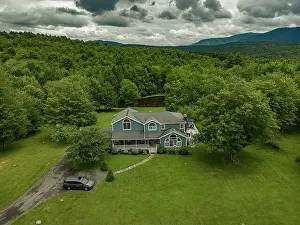 Getting Away From It All Prints: Elevated view drone photography of a Vacation Home at Kaaterskill Falls a two-stage waterfall on Spruce Creek