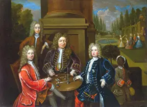 Social Prints: Elihu Yale seated at table with the Second Duke of Devonshire and Lord James Cavendish