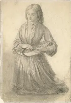 Kneeling Prints: Elizabeth Siddal playing a Stringed Instrument, c1852. Artist: Dante Gabriel Rossetti