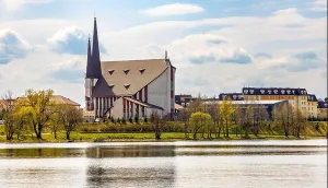 Masuria Prints: Elk, Poland - May 1, 2022: Panoramic view of Elk town with St