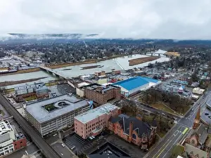 Chemung Prints: Elmira, NY, USA - 03-02-2024 - Cloudy winter aerial image of the downtown area in the City of Elmira