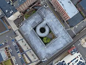 Elmira, NY, USA - 03-02-2024 - Winter aerial image of the downtown parking garage in the City of Elmira