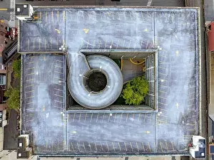 Elmira, NY, USA - 03-02-2024 - Winter aerial image of the downtown parking garage in the City of Elmira