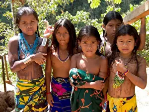 Girls Prints: Five Embera girls coming home from the river. Embrea Drua, Republic of Panama