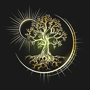 Garden Spring Prints: Emblem of Esoteric Symbol Golden Tree of Life isolated on black background