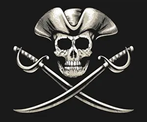 Jolly Prints: Emblem of Pirate Skull with Sabres Jolly Roger isolated on black. Vector illustration
