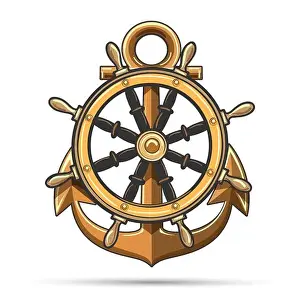 Emblem of Ship Wheel and Anchor isolated on white background. Vector illustration