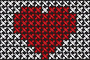 Embroidery Prints: Embroidered heart illustration with red heart in cross-stich on black