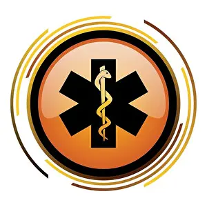 Emergency vector icon. Modern design round orange button isolated on white background for web and applications in eps10