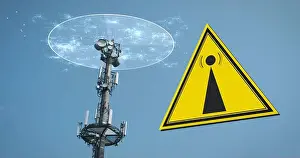 Radiation Prints: EMF Warning Sign and a 5G tower causing radiation under a blue