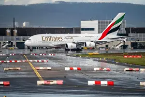 Rainy Weather Prints: Emirates Airbus A380, Runway West, Frankfurt Airport, FRA, Hesse, Germany