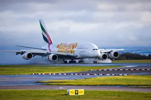 Airbus Prints: Emirates Boeing A380 landing at Manchester Airport from Dubai UAE