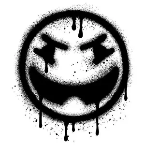 Grinning Prints: Emoji Grinning Face with Smiling Eyes graffiti with black spray paint. vector illustration