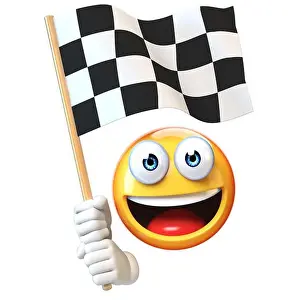 Smiley Prints: Emoji holding finish flag, emoticon waving black and white checker flag 3d rendering