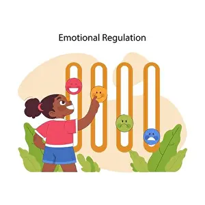Well Being Prints: Emotional regulation concept. Cheerful child adjusts mood sliders