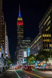 Midtown Prints: Empire state building at night and traffic on 34 street, New York City