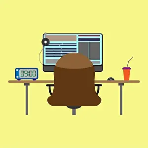 Write Prints: Employee space with a chair, a computer and a clock