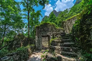 Ruined Prints: Empty, ruined and overgrown by tropical plants ancient
