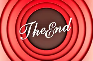 Filming Prints: The End concept. Retro style movie ending screen in red color. 3D rendering