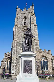 Suffolk Prints: England, Suffolk, Sudbury, Thomas Gainsborough Statue and St.Peters Church