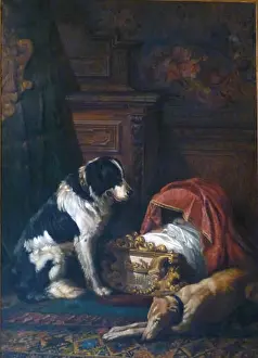 Cradle Prints: English: Baby Giberto asleep in his cradle watched over by two dogs by Elisabetta Borromeo (about 1815)