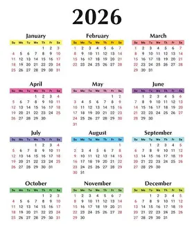 Calender Prints: English calendar for 2026 year. Each month in a different color