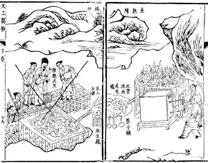 Metallurgy Prints: English: Chinese iron workers smelting iron ore to make pig iron and wrought iron in 16th century