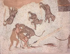 English: Damnatio ad bestias. Third-century AD mosaic in the Museum of El Djem (Tunisia)