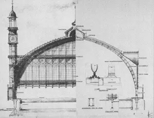 English: Detailed construction sketch; cross-section of the railway hall (platform roof) of the Antwerp Central (Dutch)