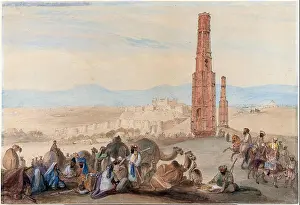 Afghanistan Prints: English: The fortress and citadel of Ghazni (Afghanistan) and the two Minars