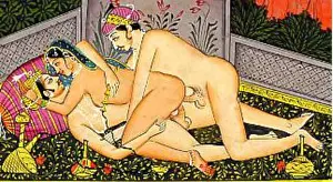 English: Kama Sutra depiction of threesome (one woman with two men)