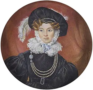 Lace Prints: English: A Lady, wearing black dress with bouffant sleeves and a buckled waist belt