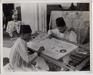 Handcrafted Prints: English: Men working on ladies hand purses in the establishment of Ganeshi Lall and Sons