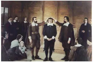 Ordination Prints: English: Nineteenth-century painting depicting the ordination of Thomas Carter (1608-168) as minister of Woburn