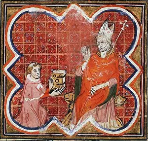 English: Petrus Comestor presents his book to Archbishop Guillaume of Sens Contents: Guiard des Moulins, Bible Historiale Complétée Place of origin