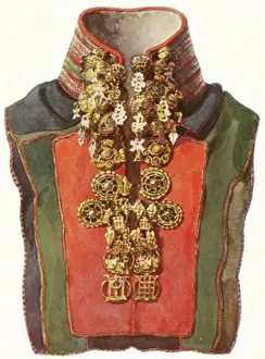 Garments Prints: English: This is a Traditional Sami garment (costume) with metal (goldwork)