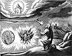 Engraved illustration of the chariot vision of the Biblical book of Ezekiel