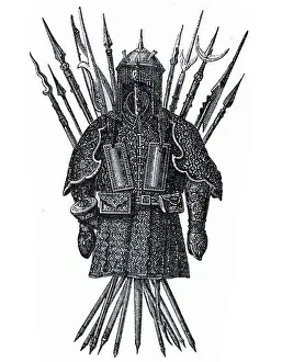 Mongol Prints: Engraving of a 14th Century Mongol armour. Dated 14th Century