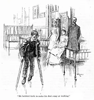 Ward Prints: Engraving of a crippled boy on crutches, published 1892
