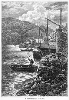 Crab Prints: Engraving of a Devonshire village with its fishing boats and crab pots, circa 1880